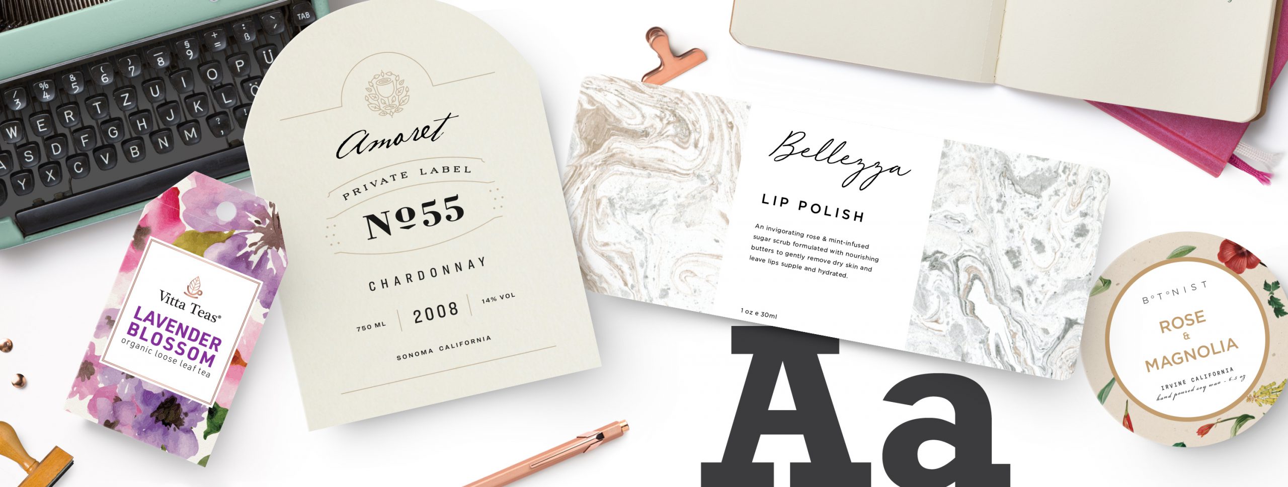 Samples of different label fonts on products to help pick the right font for your labels